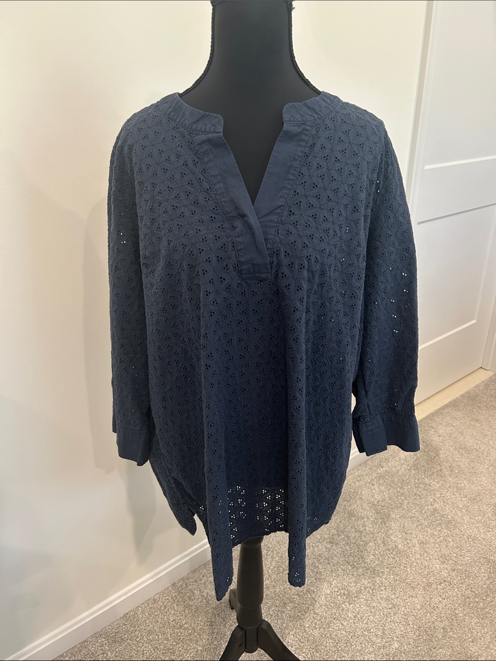 Lands' End Navy Eyelet Split-Neck Tunic